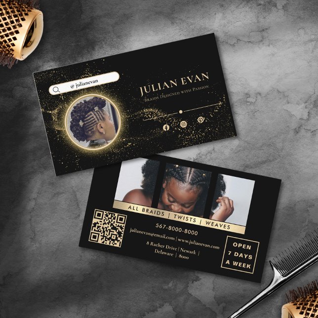 Stylish Black and Gold African Hair Braiding Business Card (Stylish Black and Gold African Hair Braiding Business Card)