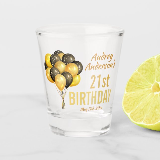 Stylish Black and Gold Balloons 21st Birthday Shot Glass (Front)