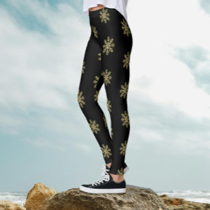 Stylish Black And Gold Glitter Snowflake Pattern Leggings