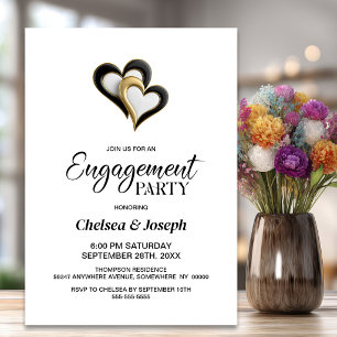 Stylish Black and Gold Hearts Engagement Party Invitation