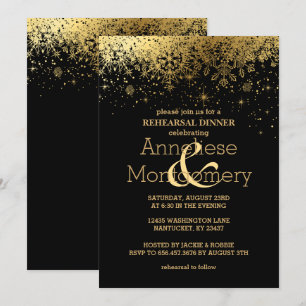 Stylish Black and Gold Snowflake Rehearsal Dinner Invitation