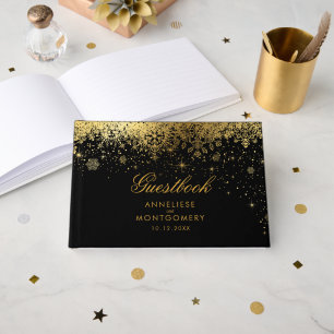 Stylish Black and Gold Snowflakes Guest Book