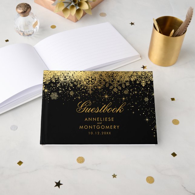 Stylish Black and Gold Snowflakes Guest Book (Front Open)