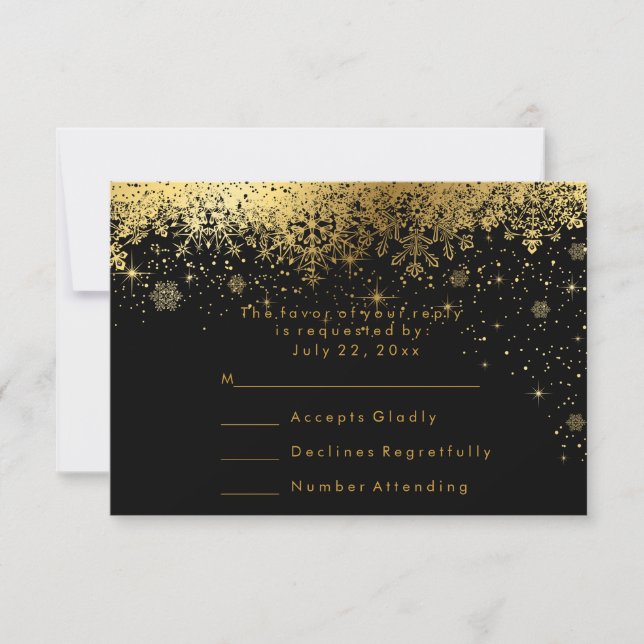 Stylish Black and Gold Snowflakes - RSVP (Front)