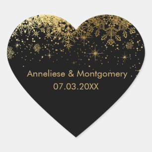 Stylish Black and Gold Snowflakes Wedding Heart Sticker