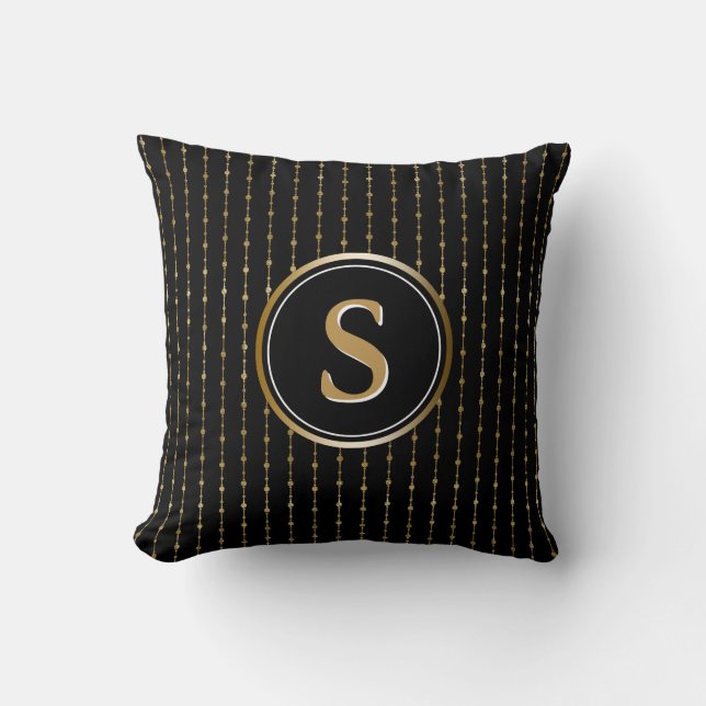 Stylish Black and Gold Stripes Pattern Monogram Cushion (Front)