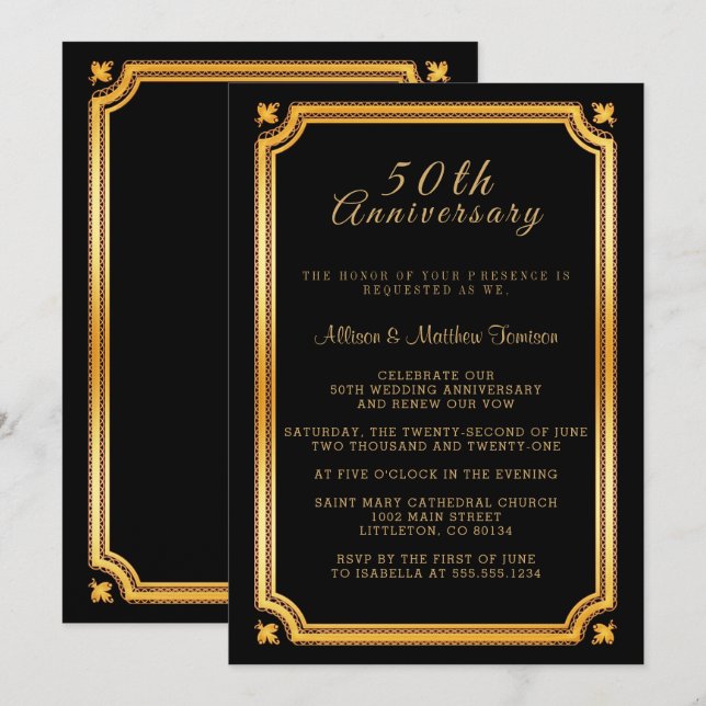Stylish Black and Golden Anniversary Invitation (Front/Back)