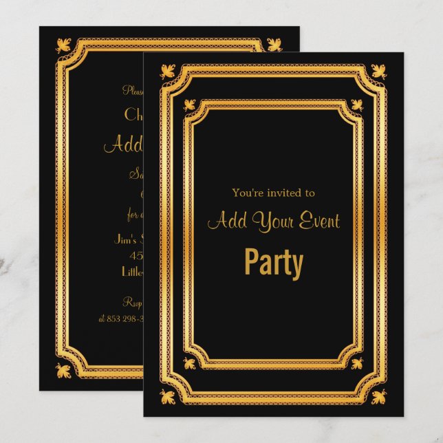 Stylish Black and Golden Frame Invitation (Front/Back)