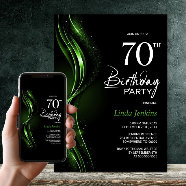 Stylish Black and Green 70th Birthday Party Invitation (Creator Uploaded)