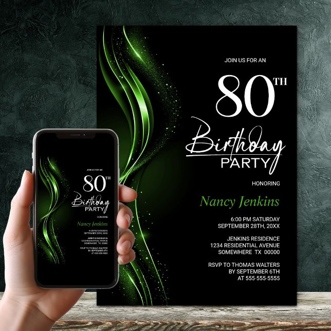 Stylish Black and Green 80th Birthday Party Invitation (Creator Uploaded)