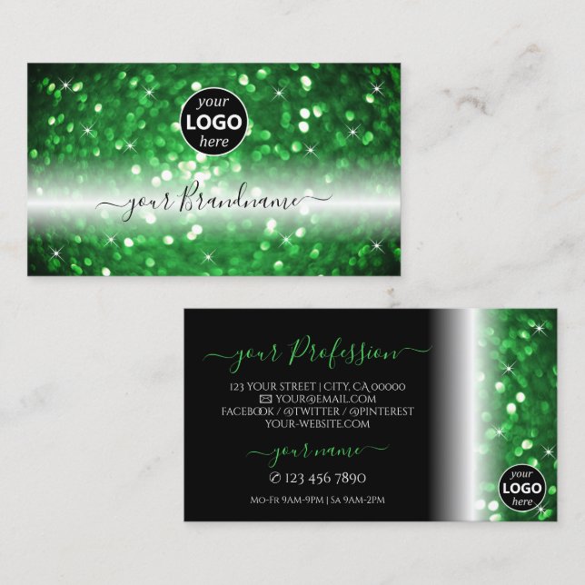 Stylish Black and Green Sparkling Glitter Add Logo Business Card (Front/Back)