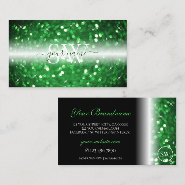Stylish Black and Green Sparkling Glitter Initials Business Card (Front/Back)