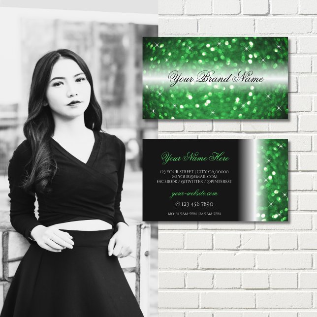 Stylish Black and Green Sparkling Glitter Modern Business Card (Creator Uploaded)