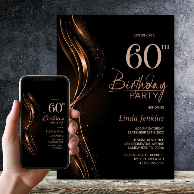 Stylish Black and Orange 60th Birthday Party Invitation (Creator Uploaded)