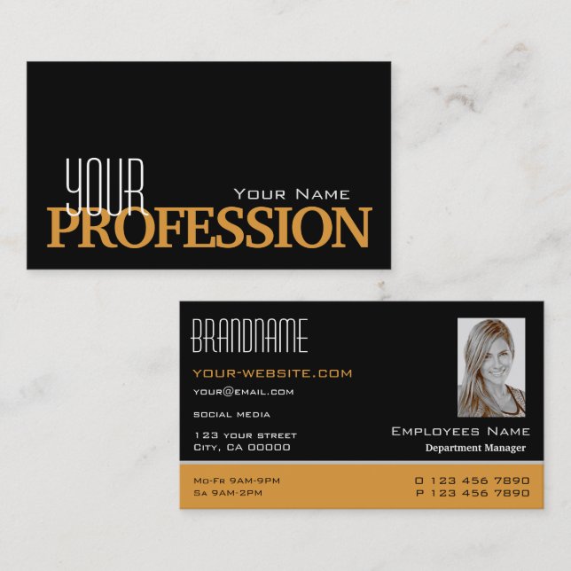 Stylish Black and Orange with Photo Professional Business Card (Front/Back)