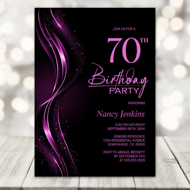Stylish Black and Pink 70th Birthday Party Invitation (Creator Uploaded)