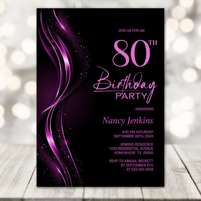 Stylish Black and Pink 80th Birthday Party Invitation (Creator Uploaded)
