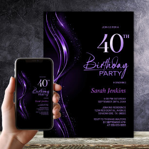 Stylish Black and Purple 40th Birthday Party Invitation