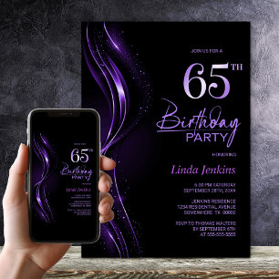 Stylish Black and Purple 65th Birthday Party Invitation