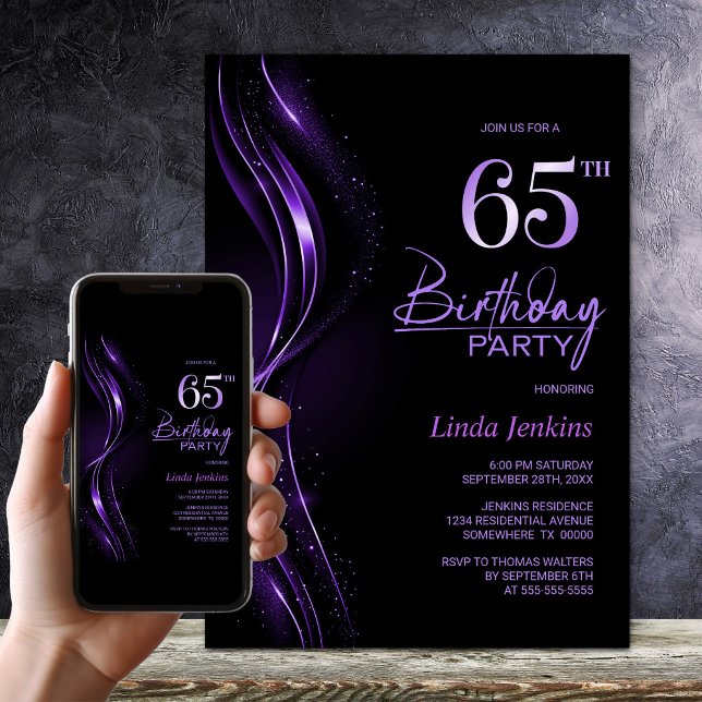 Stylish Black and Purple 65th Birthday Party Invitation (Creator Uploaded)