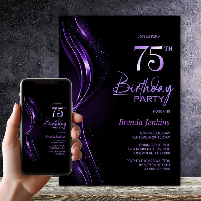 Stylish Black and Purple 75th Birthday Party Invitation (Creator Uploaded)