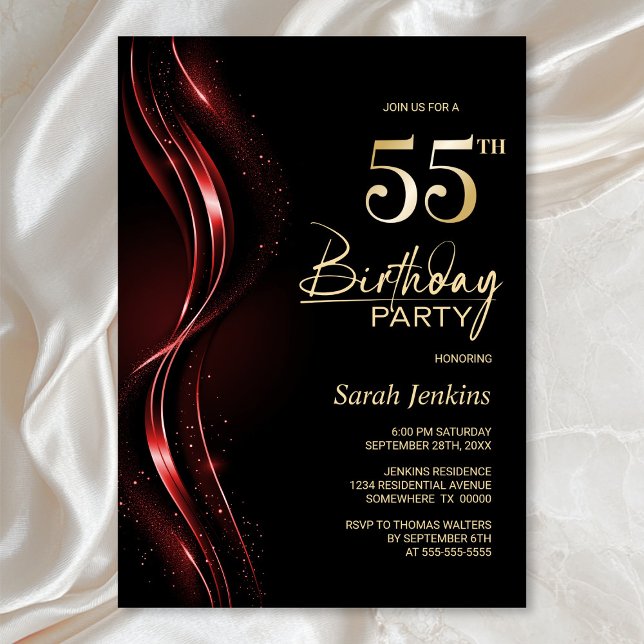 Stylish Black and Red 55th Birthday Party Invitation (Creator Uploaded)
