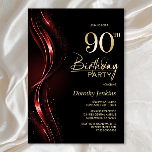 Stylish Black and Red 90th Birthday Party Invitation
