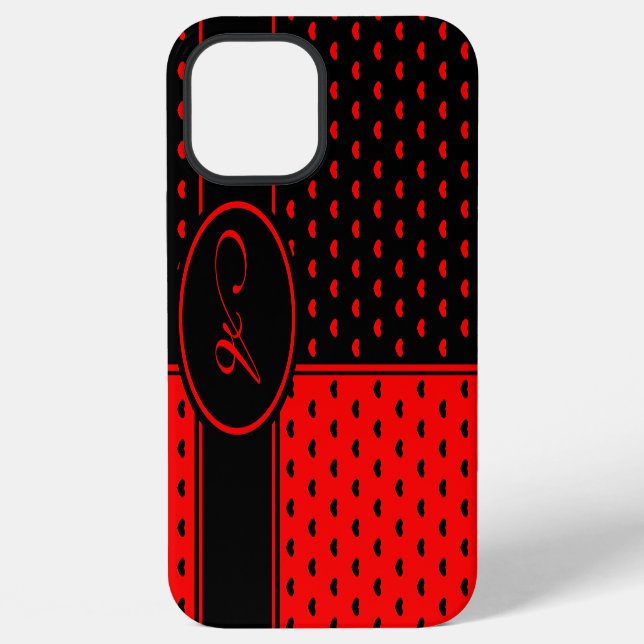Stylish Black And Red Hearts Pattern, Monogram iPhone Case (Back)