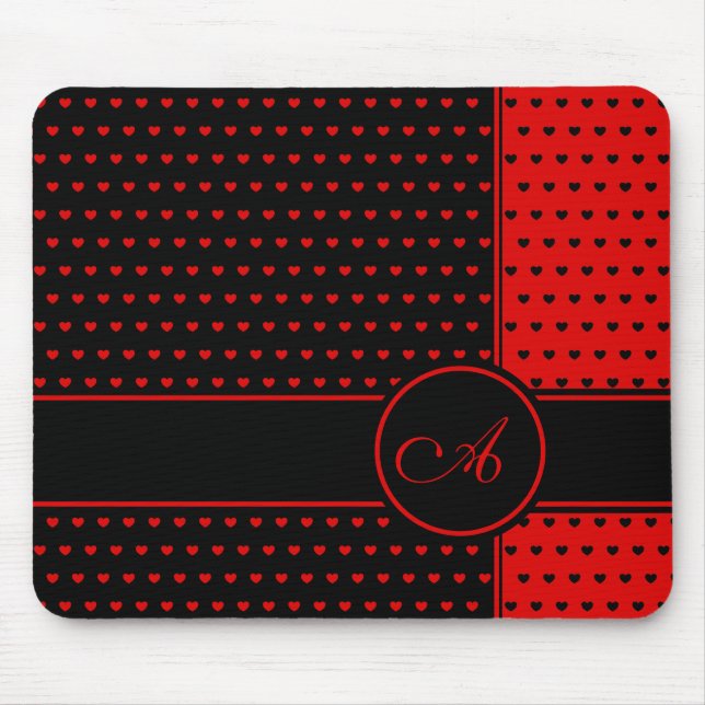 Stylish Black And Red Hearts Pattern - Monogram Mouse Mat (Front)
