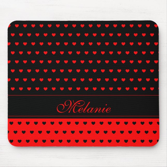 Stylish Black and Red Hearts Pattern Name Template Mouse Mat (Front)
