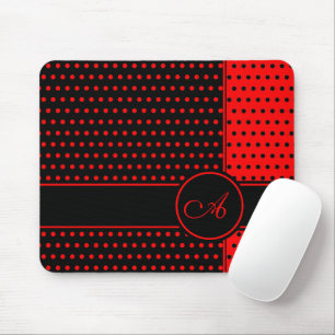 Stylish Black And Red Polka Dots Pattern, Monogram Mouse Mat