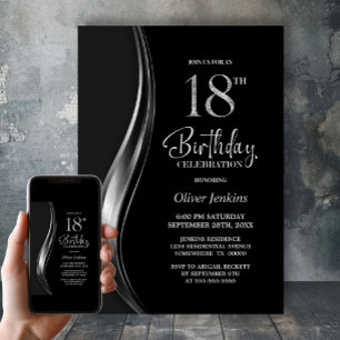 Stylish Black and Silver 18th Birthday Party Invitation