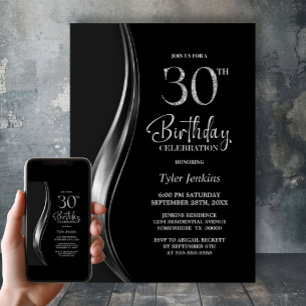 Stylish Black and Silver 30th Birthday Party Invitation