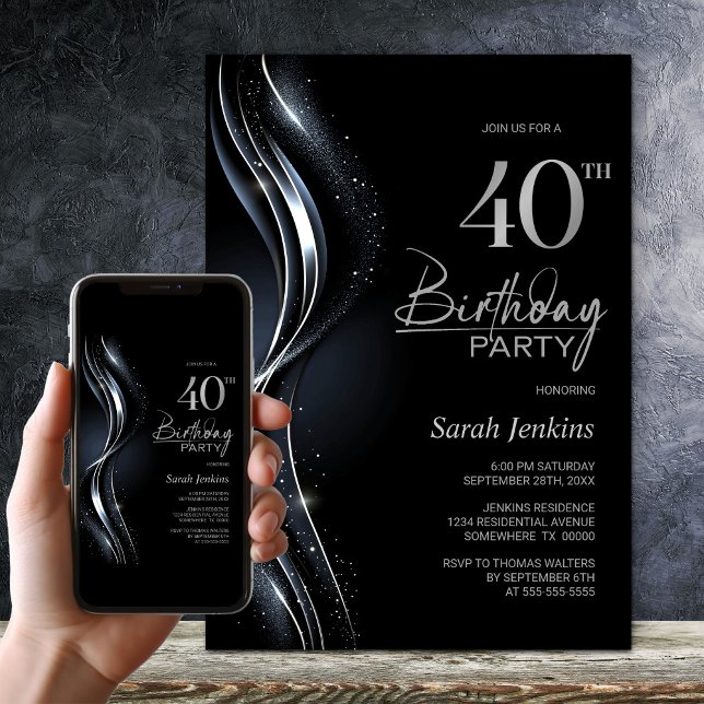 Stylish Black and Silver 40th Birthday Party Invitation (Creator Uploaded)