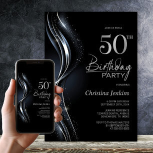Stylish Black and Silver 50th Birthday Party Invitation