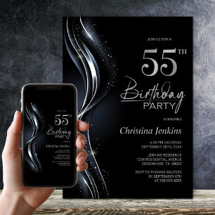 Stylish Black and Silver 55th Birthday Party Invitation