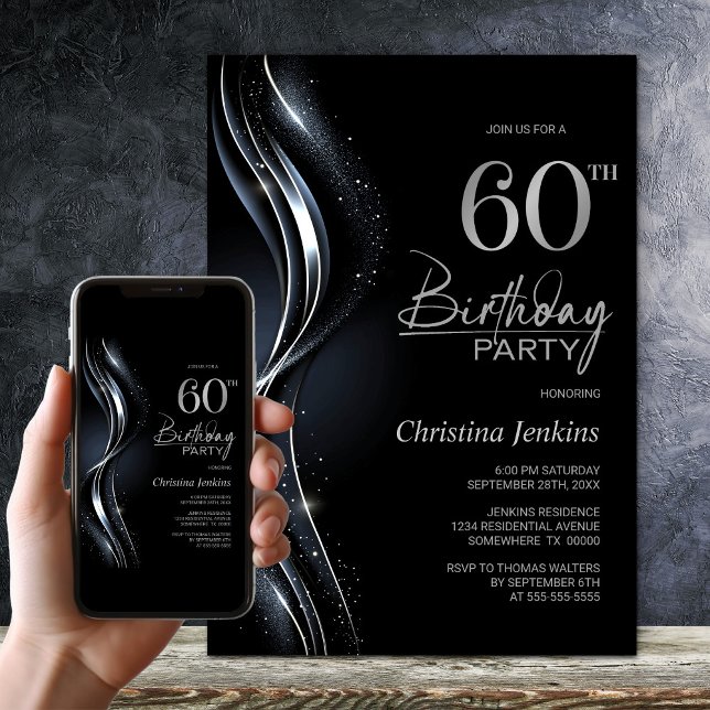 Stylish Black and Silver 60th Birthday Party Invitation (Creator Uploaded)