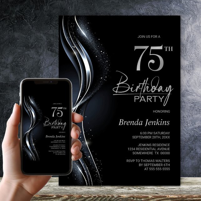 Stylish Black and Silver 75th Birthday Party Invitation (Creator Uploaded)