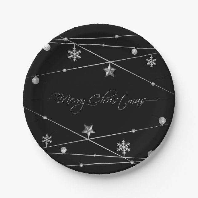 Stylish Black and Silver Christmas Calligraphy Paper Plate (Front)