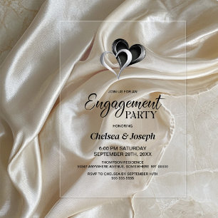 Stylish Black and Silver Hearts Engagement Party Acrylic Invitations