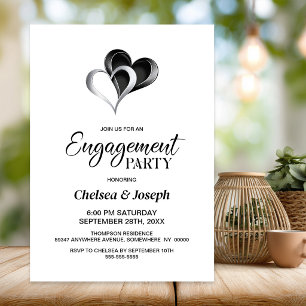 Stylish Black and Silver Hearts Engagement Party Invitation