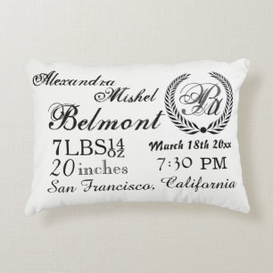 Stylish Black and White Baby Birth Keepsake Decorative Cushion