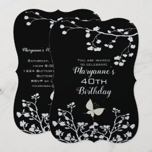 Stylish Black and White Butterfly Birthday Invitation