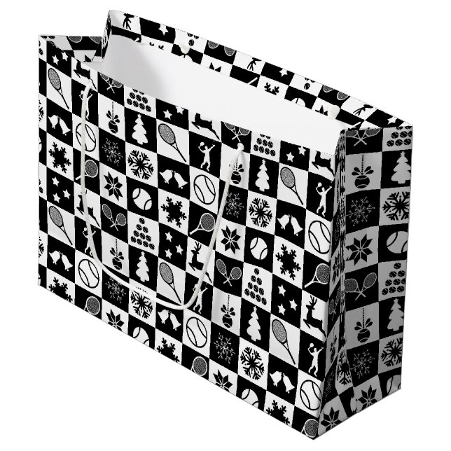 Stylish black and white Christmas tennis Large Gift Bag (Front Angled)