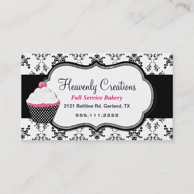 Stylish Black and White Damask Business Card (Front)