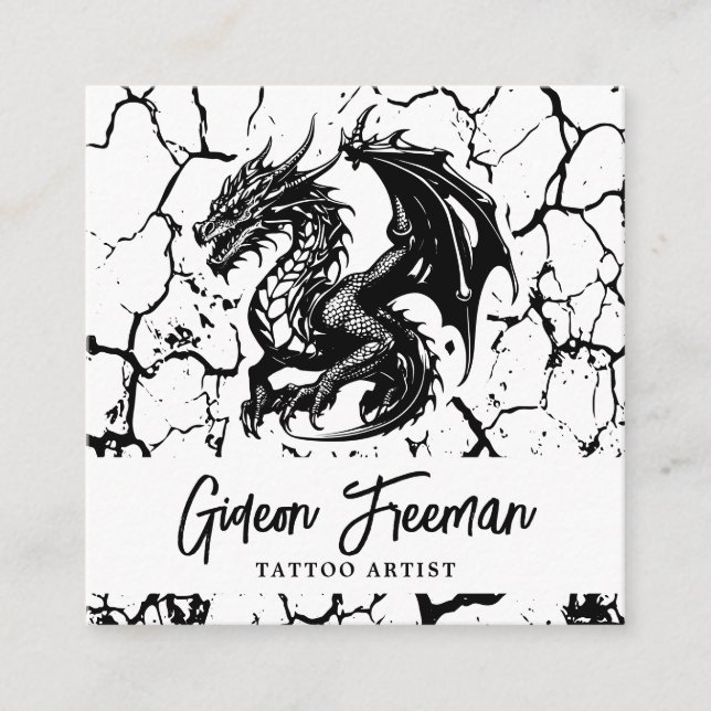 Stylish Black and White Dragon Tattoo Artist Square Business Card (Front)