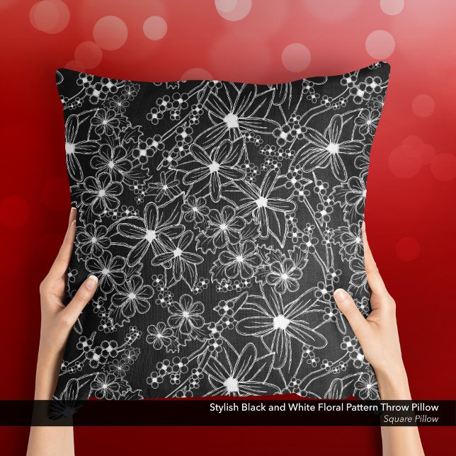 Stylish Black and White Floral Pattern Cushion (Stylish Black and White Floral Pattern Throw Pillow with a Sketch-Like Hand-Drawn Feel.)