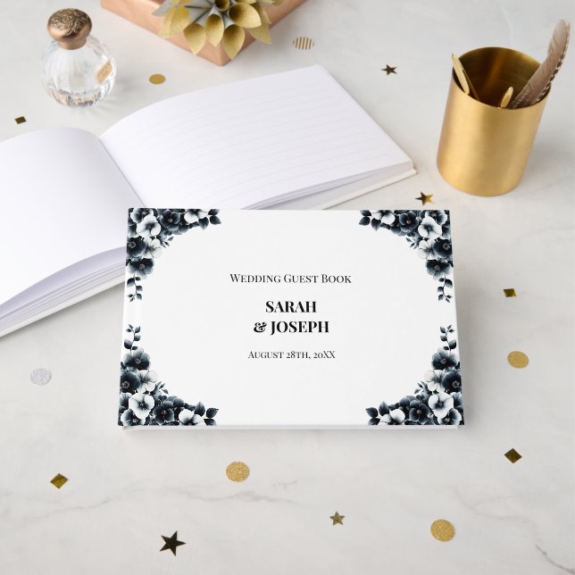Stylish Black and White Floral Wedding Guest Book (Front Open)