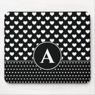 Stylish Black And White Hearts Custom Monogram Mouse Mat