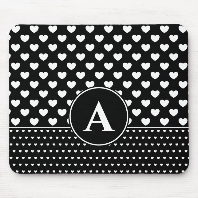 Stylish Black And White Hearts Custom Monogram Mouse Mat (Front)